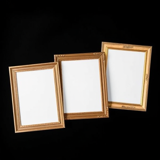 Generate an image of three blank, decorative photo frames arranged diagonally on a black background, using a DSLR camera at f/2.8 aperture, ISO 100, 35mm lens, with a shallow depth of field and natural soft lighting to enhance the image quality.