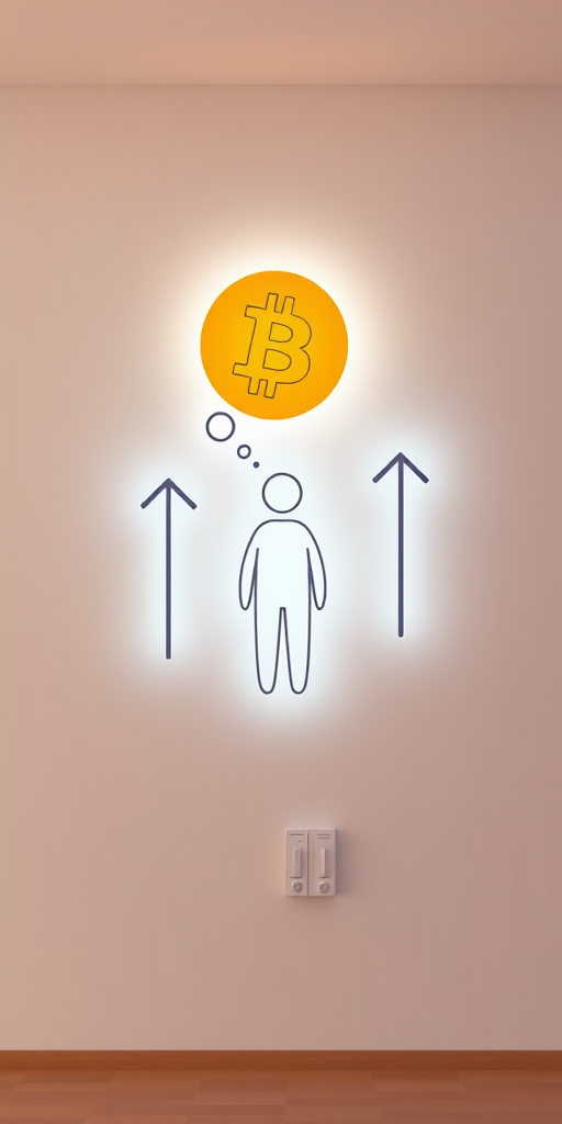Create a modern digital illustration featuring a simplified human figure in a thought bubble with a Bitcoin symbol, surrounded by upward and downward trend arrows, using a soft color palette and minimalistic style, shot with a Canon EOS R5 at f/8, 1/125s, ISO 200, in a well-lit environment for crisp details and vibrant colors.