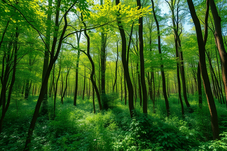 Generate a high-resolution image of a lush forest with vibrant greenery, use a Canon EOS R5, 50mm lens, aperture f/1.8, ISO 100, shot in natural light from a low angle to enhance depth and detail.