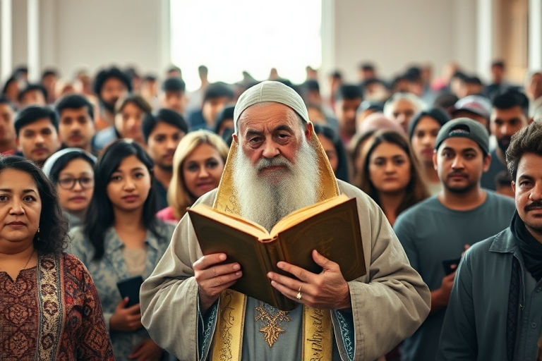 Create an image of a serene religious figure holding an ancient book, surrounded by a diverse crowd of attentive faces in a bright, soft-lit setting, using a DSLR camera with a 50mm lens, f/1.8 aperture, ISO 100, and soft focus background for enhanced clarity and depth.