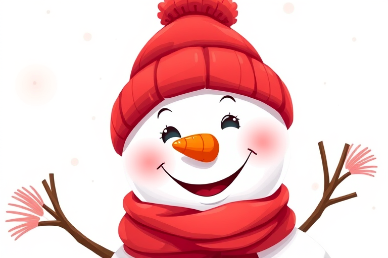 Create a vibrant illustration of a smiling snowman wearing a red hat and scarf, with a bright orange carrot nose, against a soft white background, using a Canon EOS 5D Mark IV with a 50mm f/1.8 lens, aperture set to f/4, ISO 100, and a slight vignette for depth.