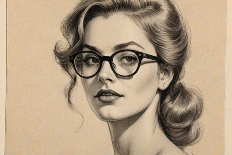 Exquisite Dixie D'Amelio, pencil sketch, portrait of Bewitching woman 1951s in glasses, hair style beatnik, outline, clear lines, fine lines, 8k