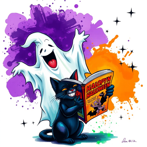 Image of a ghost and a black cat laughing exaggeratedly , and reading a comic halloween comic book, alcohol ink airbrush style, funny halloween theme, white background with neon purple, neon orange, neon green splash, black sparkles stars , dazzling BG