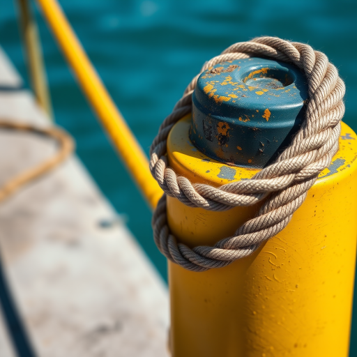 Close-up of a weathered yellow mooring bollard with a textured rope surrounding it, positioned on a concrete dock with clear blue water in the background, shot with a DSLR camera, aperture f/4, shutter speed 1/200 sec, ISO 100, 50mm lens, natural daylight.
