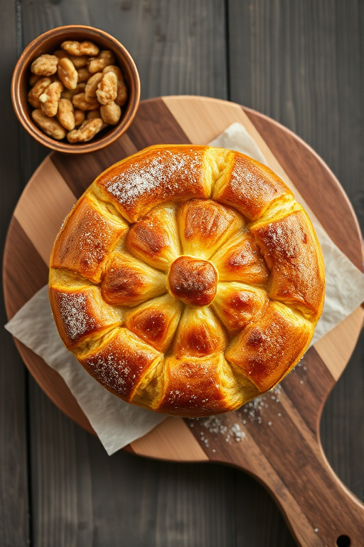 high-resolution image of a freshly baked pastry on a wooden cutting board with a small dish of nuts, natural light, macro lens, aperture f/2.8, shutter speed 1/100s, ISO 100, top-down view
