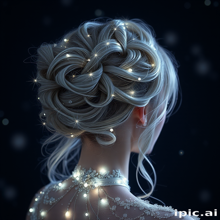 Ethereal moonlight silver strands flow like liquid starlight, arranged in an intricate updo with delicate crystal accents, evoking the mystery of the night sky