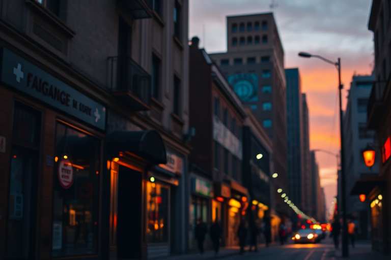 regenerate a vibrant urban street scene during sunset featuring warm tones with deep shadows, taken with a Canon EOS R5, 50mm lens, f/1.8 aperture, ISO 100, 1/200 sec shutter speed, low angle view, emphasizing textures and contrasts in the architecture.