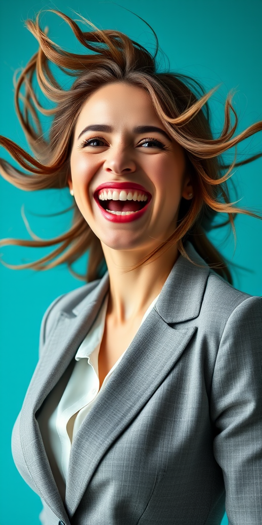 portrait of an excited businesswoman with flowing hair, bright expression, wearing a smart blazer, vibrant teal background, captured with a Canon EOS R5, 85mm lens, f/1.8 aperture, ISO 100, natural lighting, dynamic angle