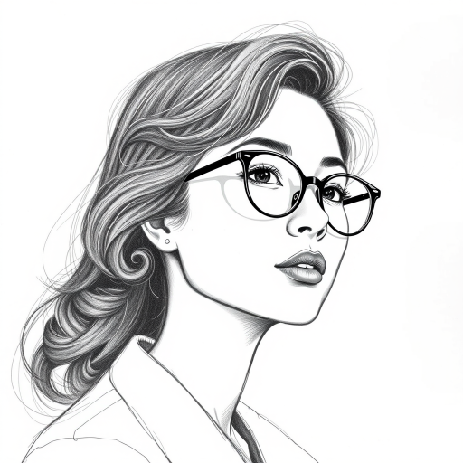 Beauteous Eleanore Matsuura, pencil sketch, portrait of Captivating woman 1944s in glasses, hair style beatnik, outline, clear lines, fine lines, 8k
