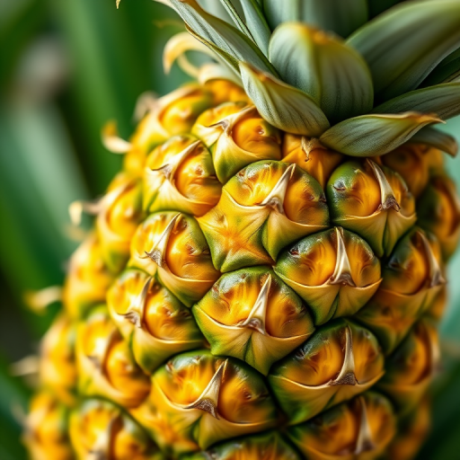 Create a close-up, high-resolution image of a ripe pineapple with vibrant green and yellow colors, using a Canon EOS R5 camera, 85mm lens, f/1.8 aperture, ISO 100, and natural light to enhance texture and detail.