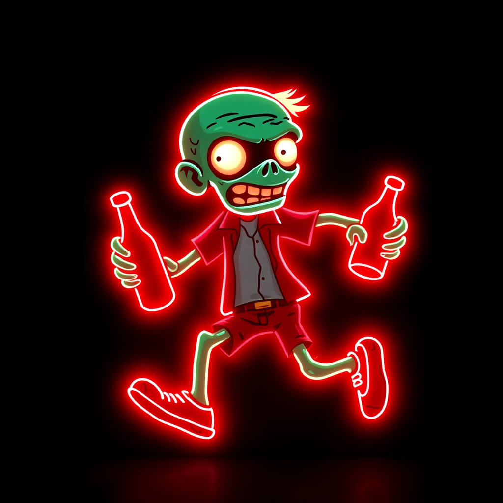Create an image of a neon sign featuring a cartoon-style zombie in a dynamic pose, holding a bottle. The neon sign should glow in red against a dark background, making the character stand out prominently. The character should appear to be running, capturing attention with its vibrant color and action pose, perfect for advertising or decorative purposes.
