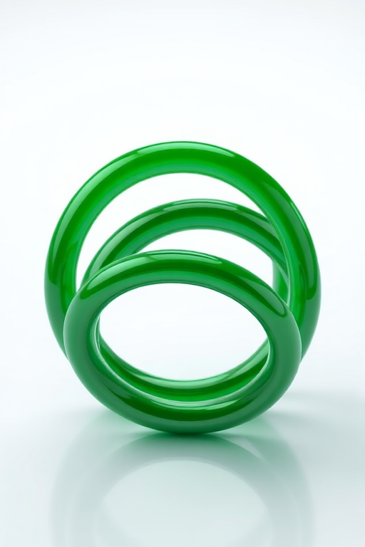 Create a high-resolution 3D render of four interlinked rings in varying shades of green, using a Canon EOS R5 camera, 50mm lens, f/2.8 aperture, ISO 100, with a soft focus background and bright lighting to accentuate the rings' glossy finish.