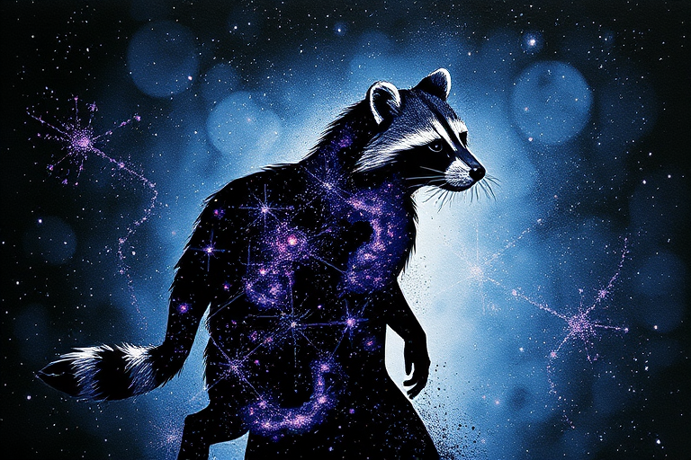 Captivating conceptual render alcohol ink art, double exposure, the paint strokes artfully merge combining a woman's full silhouette with a Curious raccoon's silhouette. The figures are composed of a series of colored dots, lines & spots that evoke the image of a cosmic galaxy, colors are deep shades of blue purple & black with flashes of white & silver representing distant stars. The woman's silhouette is formed within the lion's silhouette from constellations of scattered stars, surreal