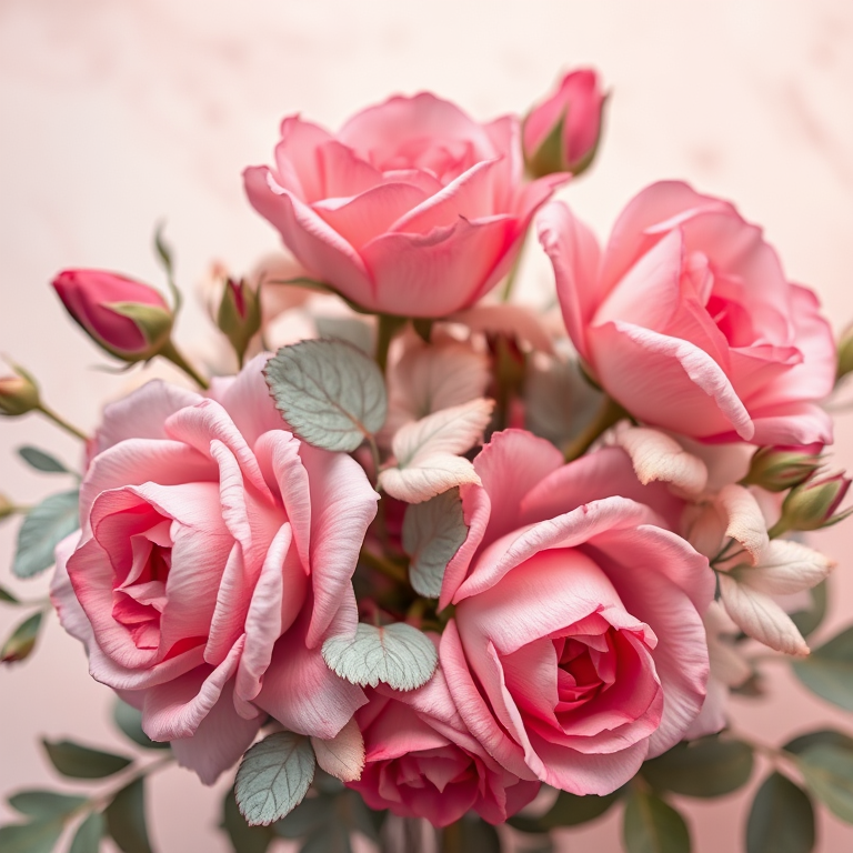 create an ethereal floral arrangement featuring pink roses and delicate leaves, soft pastel background with hints of gold accents, shot with a Canon EOS R5 at f/2.8, 50mm lens, ISO 100, natural soft lighting, high-resolution fine art photography style