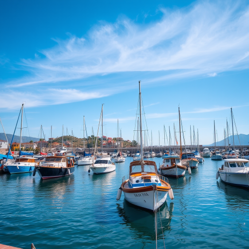 Regenerate the image of a harbor with boats in the water under a clear blue sky with vibrant colors, using a DSLR camera, 35mm lens, f/8 aperture, ISO 100, and a shutter speed of 1/200 sec, with a slight wide-angle view to capture the surroundings and enhance detail.