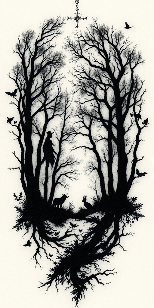 Mystical blackwork tattoo showcasing an enchanted forest scene with intricate silhouettes of trees and wildlife, negative space creating depth and dimension, mysterious and captivating dark aesthetic