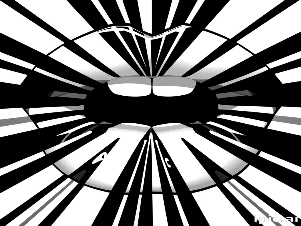 Bold geometric lips with sharp lines and angles in contrasting black and white, creating a striking optical illusion that draws the eye