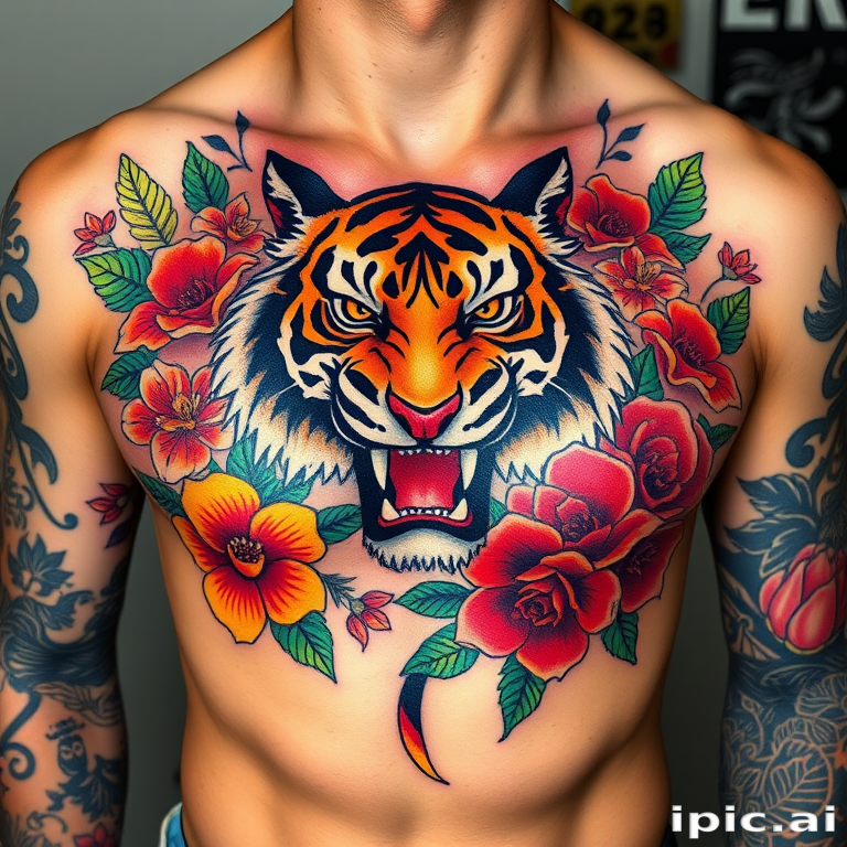 Colorful neo-traditional tattoo adorning the chest, featuring a fierce tiger surrounded by vibrant flowers and foliage, employing bold lines and saturated colors for a striking and eye-catching appearance