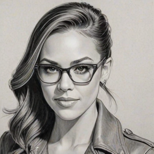 Captivating Jana Kramer, pencil sketch, portrait of Elegant woman 1936s in glasses, hair style beatnik, outline, clear lines, fine lines, 8k