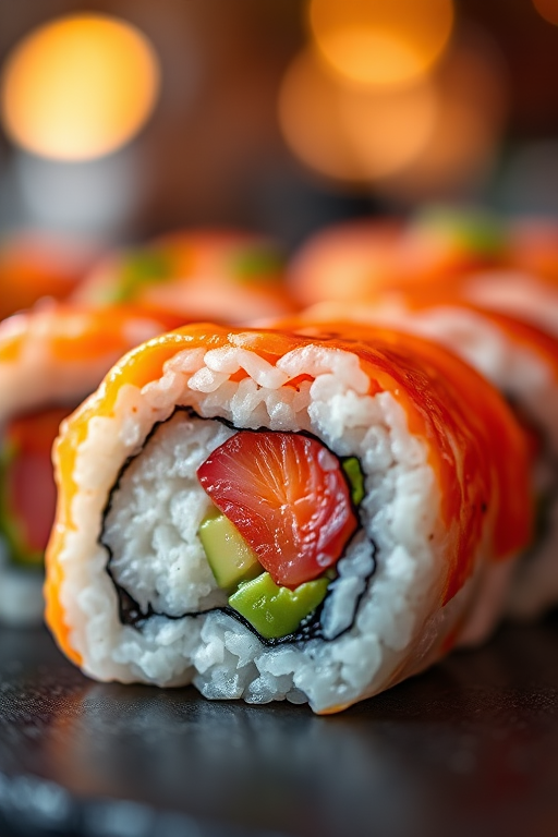 Sushi roll close-up with vibrant colors, shot with a Canon EOS R5, 50mm lens, f/1.8, ISO 200, shallow depth of field, warm lighting and bokeh background to enhance details and texture.