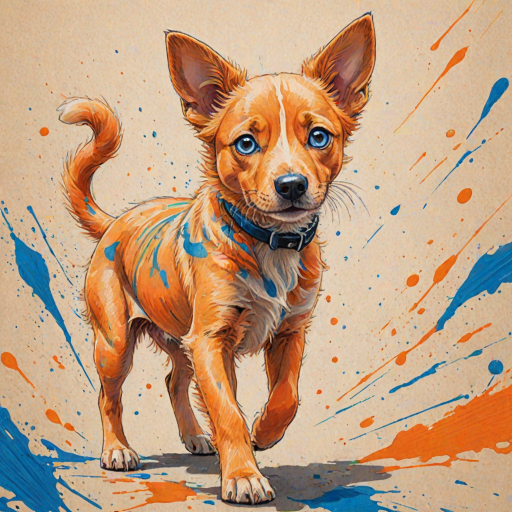 A vibrant childs coloured pencil drawn illustration of a bright orange dog with large, expressive blue eyes, a very cute style. The dog appears to be walking towards the viewer, surrounded by an abstract splash of colors and fine black lines, giving the image a dynamic and artistic flair. The background is a soft beige, highlighting the cat's vivid coloration and playful demeanor. Naively drawn scratchy line style.