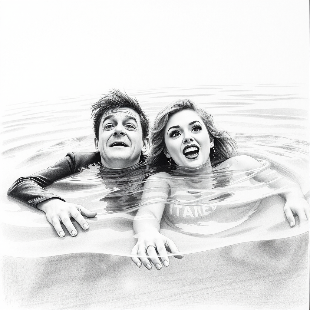 A hyperdetailed photorealistic black and white pencil sketch recreating the iconic scene at the end of Titanic with Jack and Rose floating in the water, only show them making exaggerated funny faces at the camera. Show Rose spitting water at the camera.