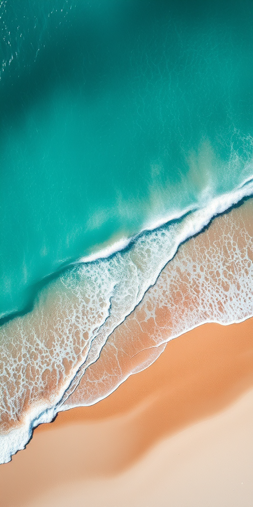 Aerial view of a turquoise ocean meeting a sandy beach, with gentle waves lapping at the shore, captured with a DSLR camera, ISO 100, f/8, 1/200s, 24mm lens, natural light.