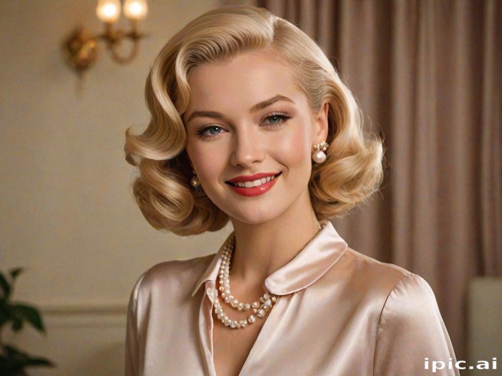 A beautiful woman reminiscent of 1950s Hollywood glamour, with perfectly styled blonde hair and a seductive smile, dressed in a satin blouse and adorned with pearls, soft and warm tones, photorealistic, 8K
