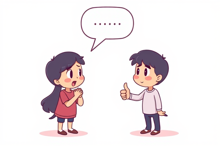 Create an illustration of two cartoon characters engaged in conversation, one with hands clasped in a pleading gesture and the other giving a thumbs up, with a speech bubble above, using a digital drawing style, 300 DPI resolution, with a soft pastel color palette, captured with a Wacom tablet and Adobe Illustrator, in a clean and minimalistic layout.