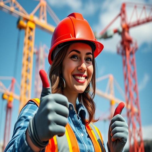 Generate an image of a female construction worker wearing a red hard hat and gloves, smiling and giving a thumbs up, set against a backdrop of construction cranes and a blue sky, captured with a DSLR camera at f/8, ISO 200, 1/500 sec, using a wide-angle lens at 24mm for enhanced depth of field and clarity.