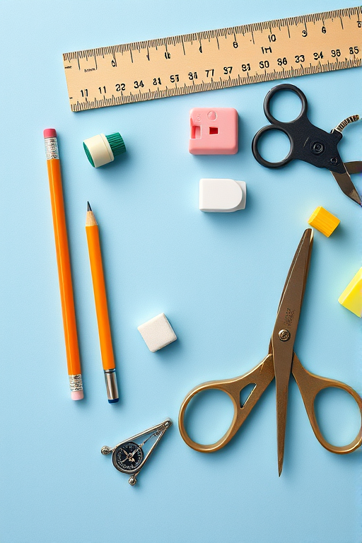 Create a high-resolution flat lay image of stationery items such as a pencil, ruler, eraser, sharpener, scissors, compass, and highlighter on a soft blue background, using a DSLR camera with a 50mm lens, aperture set to f/2.8, and ISO 100 for optimal sharpness and clarity.
