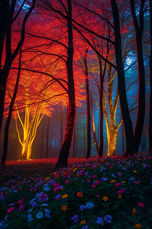 Create a mystical forest scene with vibrant, glowing trees and colorful flowers, captured with a DSLR camera at f/2.8 aperture, 50mm lens, ISO 100, long exposure of 2 seconds, in soft focus to enhance the dreamlike atmosphere.