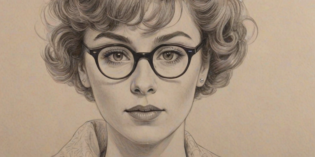Beauteous Sophia Lillis, pencil sketch, portrait of Alluring woman 1943s in glasses, hair style beatnik, outline, clear lines, fine lines, 8k