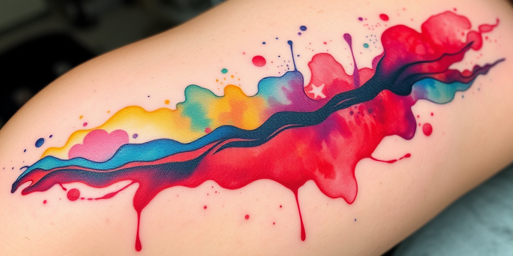 Watercolor splash tattoo called "Chromatic Cascade" with vibrant hues bleeding and blending into each other to form an abstract landscape of flowing colors and subtle gradients