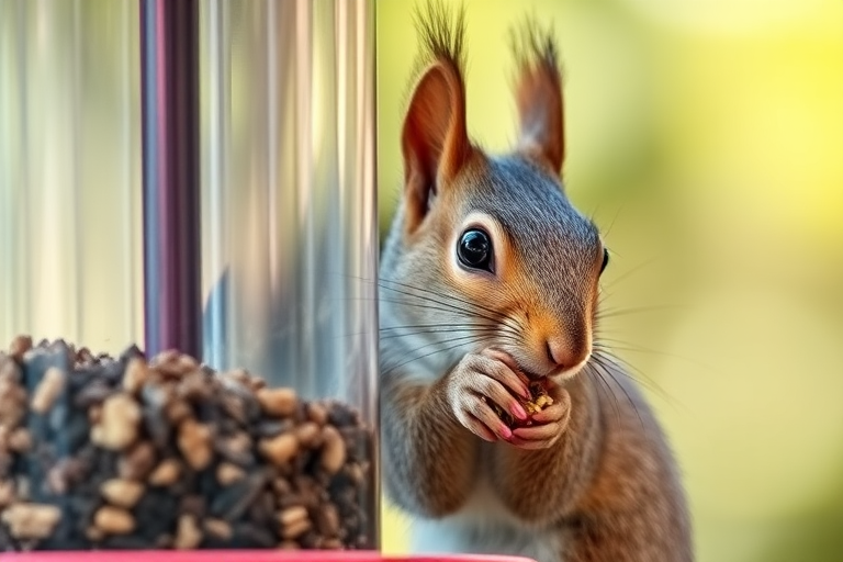squirrel eating from a feeder, natural light, f/5.6, ISO 400, 1/200 sec, focal length 100mm, macro lens, close-up shot, soft focus background, captured with a DSLR camera