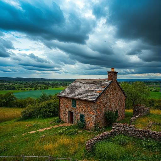 Landscape photograph of a rustic stone house surrounded by greenery and fields under a cloudy sky, captured with a Canon EOS 5D Mark IV, 50mm lens, f/8 aperture, ISO 100, with a wide-angle view and natural lighting for enhanced image quality.
