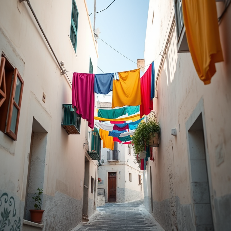 narrow alley in a whitewashed village with colorful laundry hanging overhead, captured with a Canon EOS R5, 50mm lens, f/1.8, ISO 100, 1/200 sec, natural light, vibrant colors, sharp focus, slight depth of field