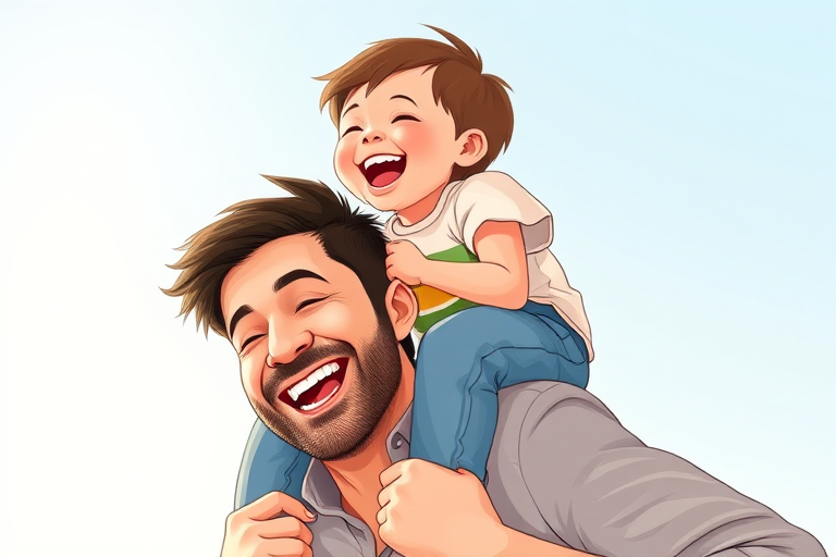 Generate a high-quality illustration of a joyful father carrying his laughing son on his shoulders, captured from a low angle to emphasize their expressions, using a DSLR camera with a 50mm lens, aperture set at f/2.8, ISO 200, and soft natural lighting.