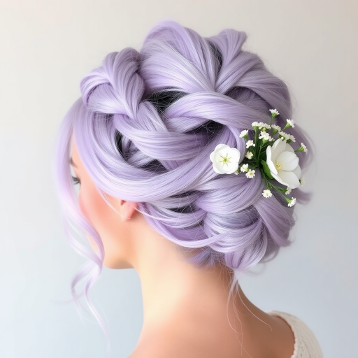 Pastel lavender locks arranged in an intricate braided updo with wispy tendrils framing the face, adorned with delicate floral accessories for an ethereal and dreamy appearance named Lilac Whimsy