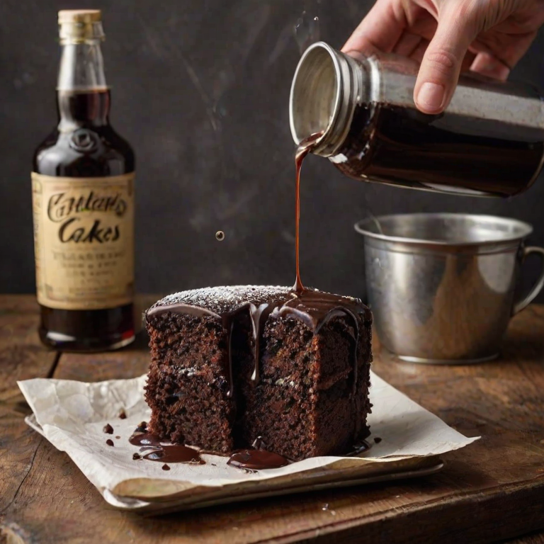 Create an image of a rich chocolate cake being soaked with a dark liquor, placed on a wooden surface. Include a vintage tin labeled "CAKES" in the background, and ensure the cake is wrapped in parchment paper. Capture the moment of pouring, highlighting the texture of the cake and the liquid.