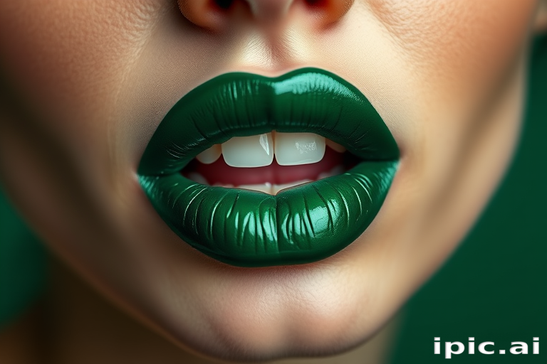 Deep emerald green woman lips with glossy sheen, making a bold statement and showcasing unique color choices