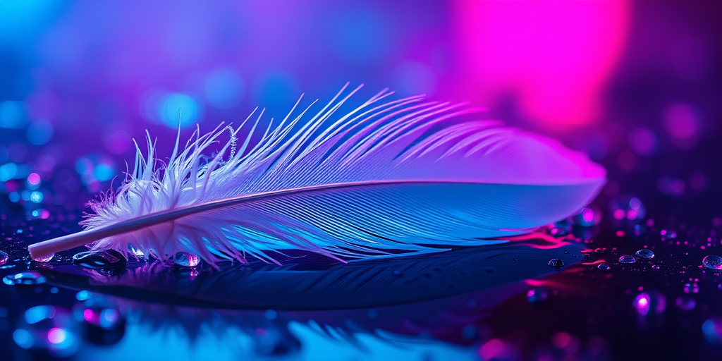 macro shot of a delicate feather resting on a wet surface, illuminated with vibrant pink and blue lighting, f-stop 2.8, shutter speed 1/100 sec, ISO 100, 100mm lens, taken with a DSLR camera from a low angle view to enhance texture and color contrast