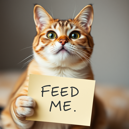 cat holding a note which says "FEED ME"