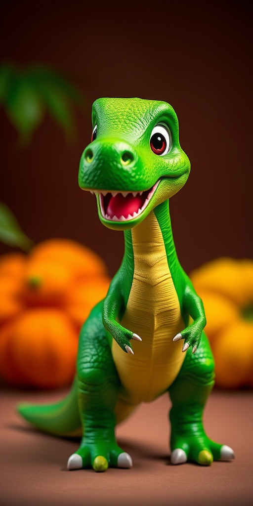 Create an image of a cartoon dinosaur in vibrant green color, shot with a DSLR camera at f/2.8 aperture, 50mm lens, ISO 100, in a studio setup with soft lighting to enhance details and colors.