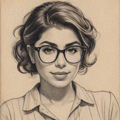 Enchanting Daniella Monet, pencil sketch, portrait of Enticing woman 1935s in glasses, hair style beatnik, outline, clear lines, fine lines, 8k
