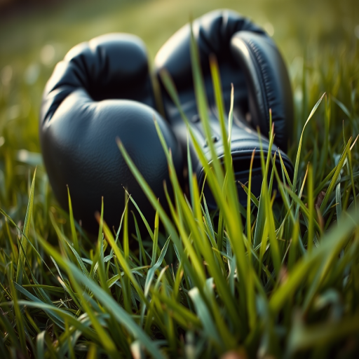 Boxing gloves on grass with a focus on details, aperture f/2.8, shutter speed 1/250s, ISO 200, macro view, natural lighting, DSLR camera.