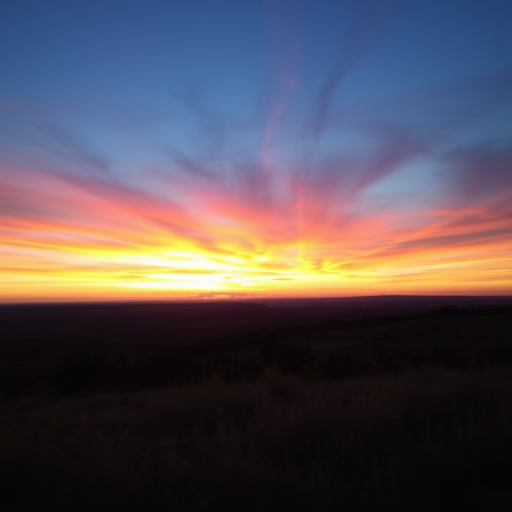Photograph of a serene landscape at sunset with vibrant colors in the sky, sharp focus, using a DSLR camera, 50mm lens, aperture f/2.8, shutter speed 1/125s, ISO 100, landscape mode, shot from a low angle to emphasize foreground details.