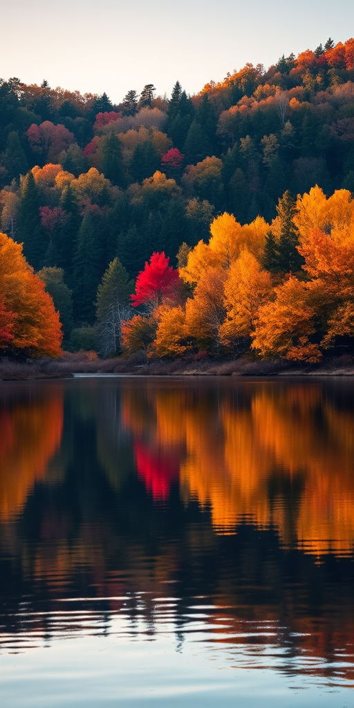 Capture a serene landscape of a tranquil lake surrounded by dense trees exhibiting vibrant autumn colors, with reflections on the water's surface, shot with a Canon EOS R5, 50mm lens, f/8 aperture, ISO 100, 1/125 sec shutter speed, in soft natural light during golden hour.