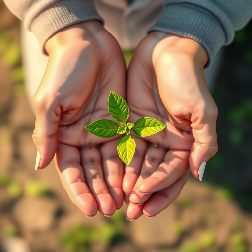 Create an illustration of two hands gently holding a small green plant with leaves, using a high-resolution digital art style, shot from a top-down perspective, simulating macro photography with a shallow depth of field to emphasize the plant, and using soft lighting for a natural, warm effect.