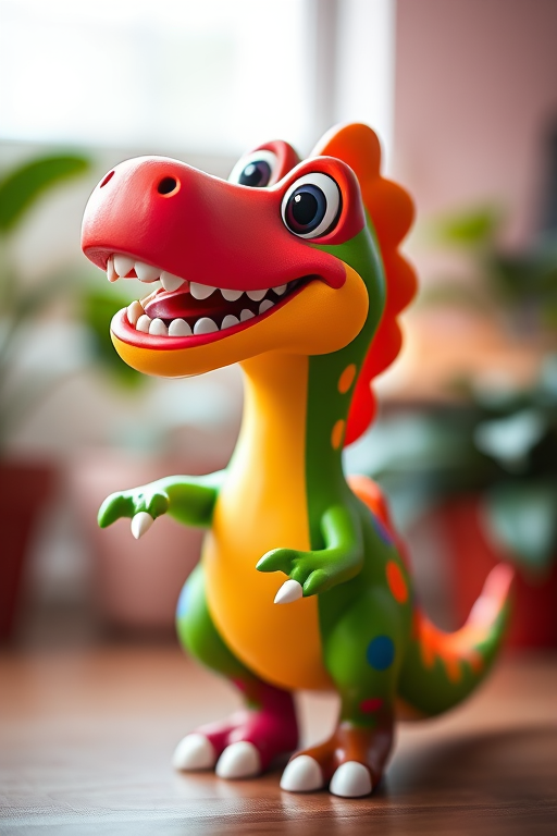 A colorful cartoon dinosaur in a playful pose, captured in bright, vibrant colors with a shallow depth of field, using a DSLR camera with a 50mm lens at f/2.8, ISO 100, and 1/200 second shutter speed, with soft lighting for a lively effect.